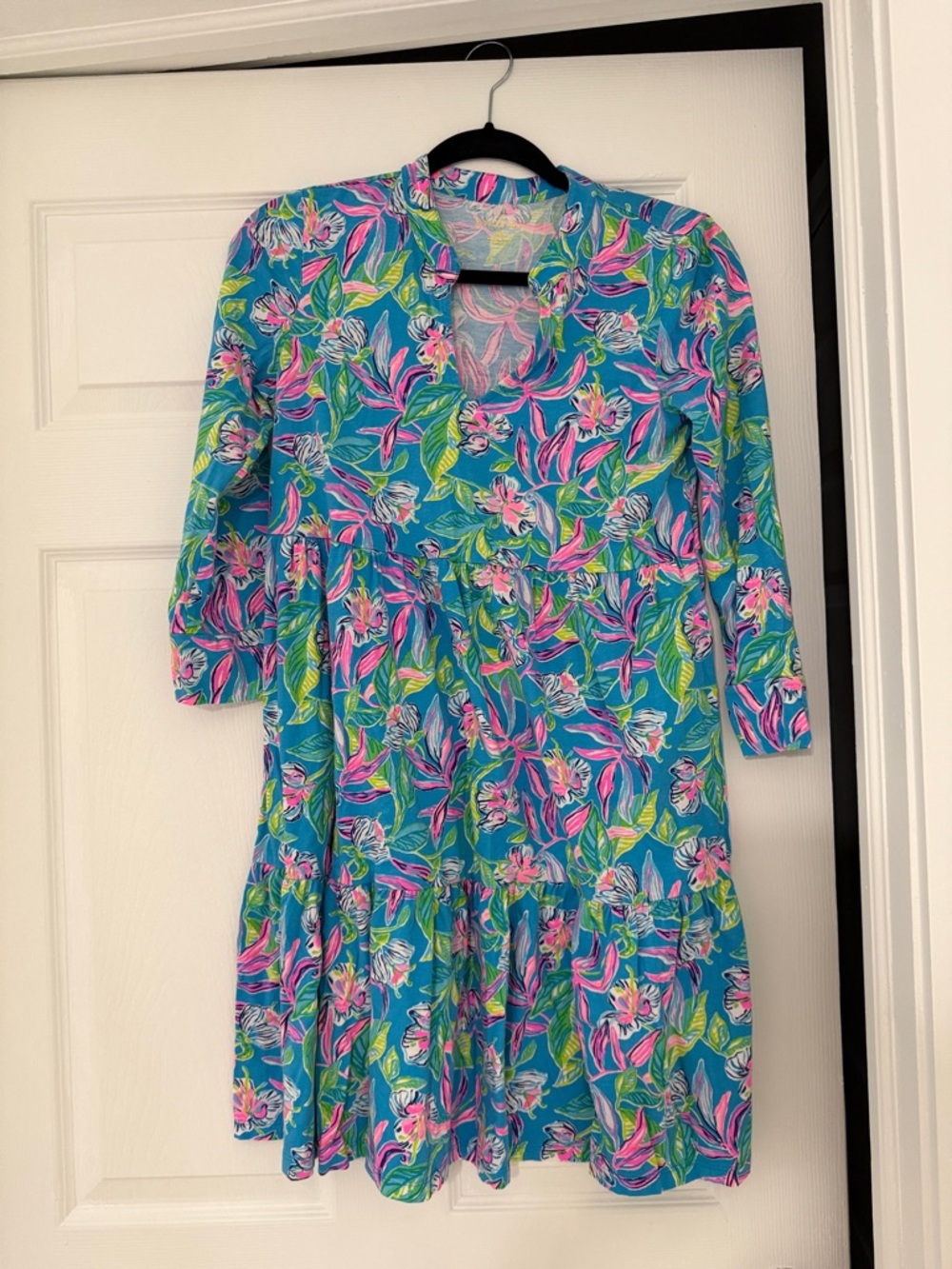 Lilly Pulitzer Teal Floral Tiered Dress with Pink & Green Accents